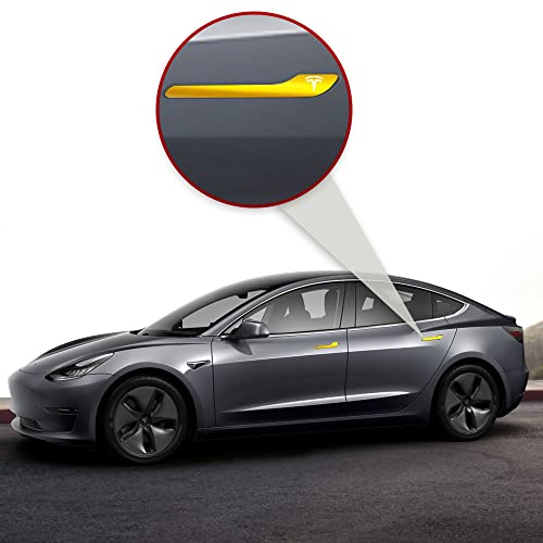 Image of IPG Compatible for Model 3 / Model Y /Juniper Door Handle Decal Sticker Wrap Kit (Set of 4) with Tesla Logo Personalize Your Tesla (Shiny Yellow)