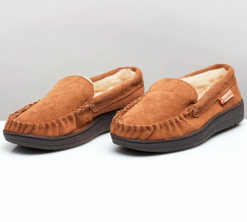 Image of Alpine Swiss Men's Moccasin Slippers Genuine Suede Slip-On House Shoes Memory Foam Insoles Plush Faux Shearling Lining Comfortable Indoor Outdoor Slipper with Anti-Slip Rubber Sole