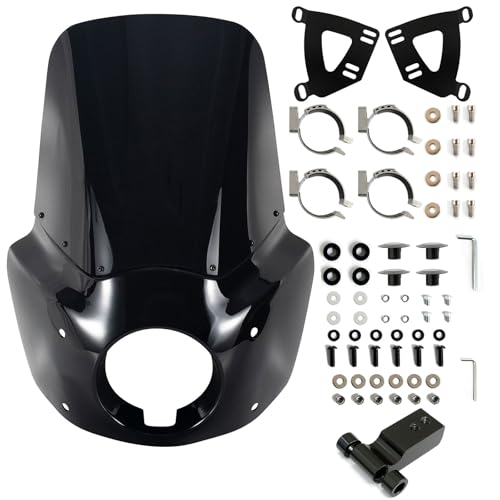 Image of FATECIM Motorcycle 5.75 inch Headlight Fairing with 15 inch Dark Smoke Windshield Windscreen & 48-58mm Mounting Kit Headlight Extension Block For Harley 2018 2019 2020 2021 2022 Softail FXBB Street Bob