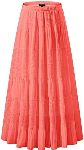 NASHALYLY Women's Chiffon Elastic High Waist Pleated A-Line Flared Maxi Skirts(Coral,2XL)