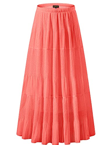 Nashalyly Women's Chiffon Elastic High Waist Pleated A-Line Flared Maxi Skirts(Coral,2Xl) #TOP3