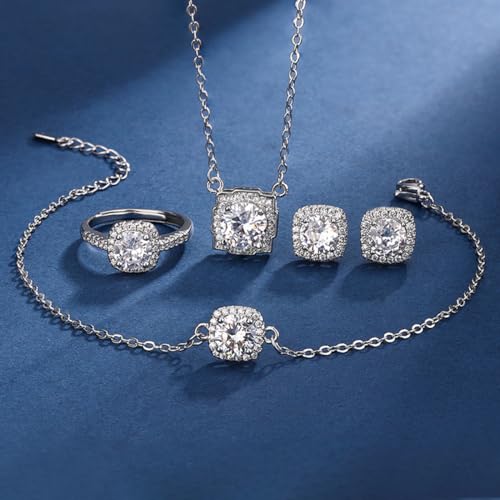 4pcs Cubic Zirconia Wedding Jewelry Sets for Bride Bridesmaid Cubic Zirconia Pendant Necklace Earrings Link Tennis Bracelet Open Ring Set for Women Birthday/Valentine's Day/Mother's Day/Christmas2