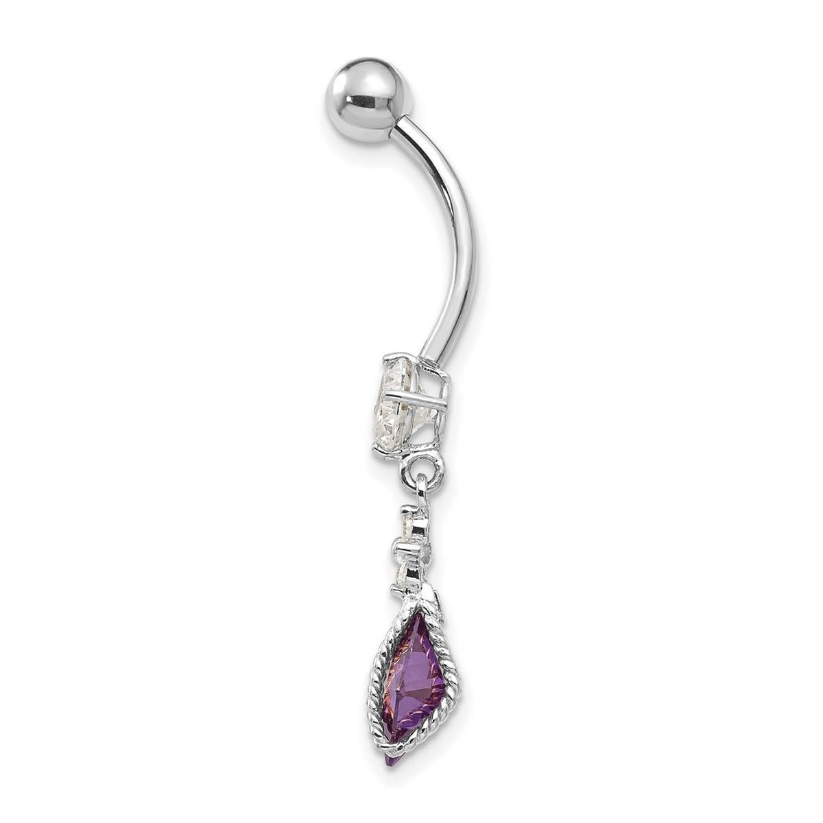 Bauchnabelpiercing aus 10 Karat Weißgold, strukturiert, poliert, offene Rückseite, mit baumelndem 6 mm quadratischem Amy-Zirkonia, künstlicher Diamant, Bauchnabelpiercing, baumelnder Schmuck für