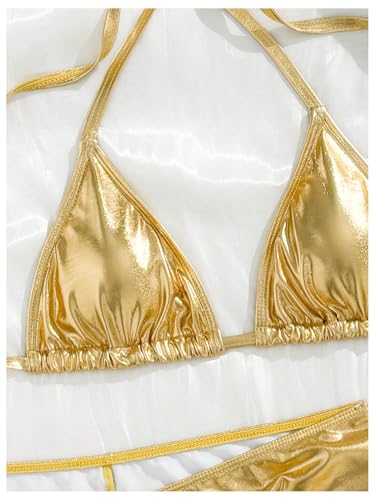 MakeMeChic Women's 3 Piece Bikini Sets Metallic Halter Ruched Triangle Cheeky Bathing Suit Swimsuit with Beach Skirt4