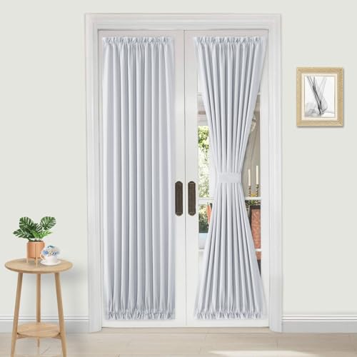 Image of DWCN French Door Curtains - Rod Pocket Thermal Curtain for Doors with Glass Window, Kitchen and Patio Doors for Privacy, 36 X 72 Inches Long, 1 Curtain Panel with Tieback,Greyish White