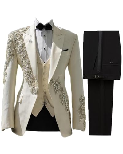 3 Pieces Men's Tuxedo Slim Groom Wedding Suits Luxury Rhinestones One Button Blazer Vest Pants Set for Prom,Party