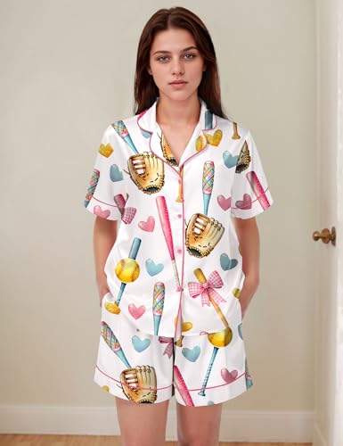 Image of SHESHOW Pajamas for Women Set Satin Button Down Short Sleeve Top and Shorts Pjs Sets Sport Ball Print Sleepwear XS-XXL