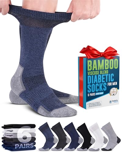 Doctor's Select Bamboo Viscose Diabetic Socks for Men - 6 Pairs Crew Mens Diabetic Socks | Diabetic Neuropathy Socks for Men | Black, White, Grey, Dark Grey, Navy, Blue