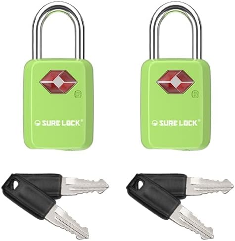 Sure Lock Cerraduras de equipaje aprobadas por la TSA con llaves para viajes, cuerpo de aleación de zinc con grillete de acero, llave similar, llave