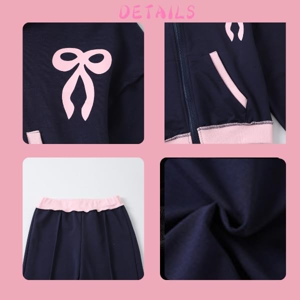 Image of Yoxindax Girls' 2-Piece Clothes Bow Print Zip-Up Hoodie Contrast-Color Wide-Leg Pants Winter 7-14Y Outfits Set