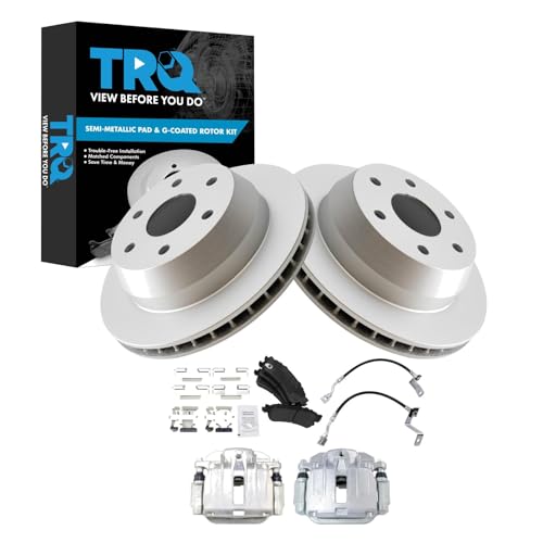 Image of TRQ Rear Brake Pad and Rotor Set Semi Metallic G Coated Rotors Calipers Compatible with 2001 Chevrolet Silverado 1500 GMC Sierra 1500