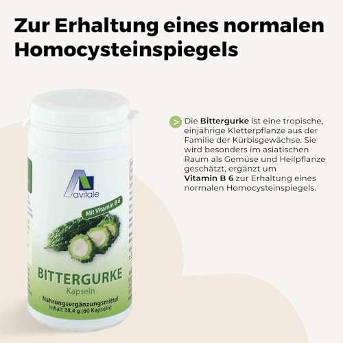 Avitale Bittergurke Kapseln mit standardisiertem Frucht-Extrakt der Bittergurke (Momordica Charantia) u. Vitamin B6 für einen normalen Homocysteinspiegel, 60 Kapseln