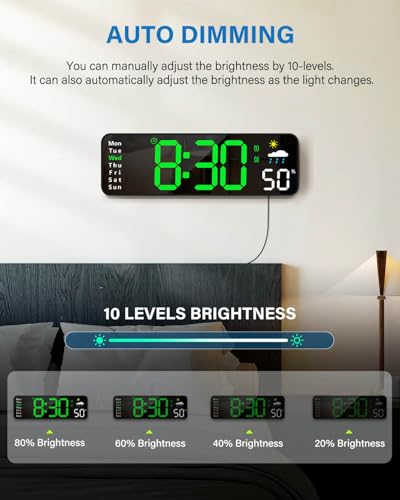 Image of Digital Wall Clock, Digital Clock, Large Display with Remote, Wired LED Alarm Clocks with Date, Week, Temperature, Humidity, Auto DST Countdown, for Living Room
