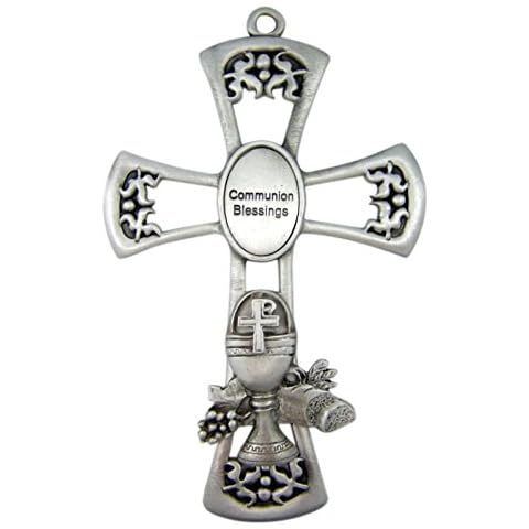First Holy Communion Pewter Communion Blessings Wall Cross with Chalice Emblem, 7 3/8 Inch Cover