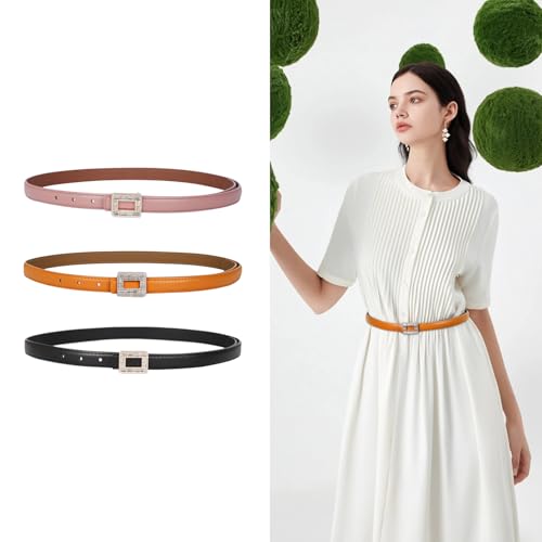 Image of Aurolran Women's Fashion Classic Metal Buckle Leather Belt with Jeans Dress