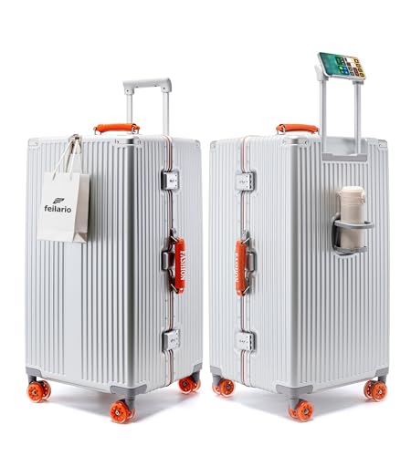Image of feilario Super Large Aluminum Frame Checked Luggage, Removable Wheels | Zipperless access, PC shell, TSA lock, cup /phone holder and 126L capacity suit dorm moves, moving and long trips