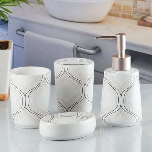 Image of Kookee Ceramic Bathroom Set - Stylish 4 Piece Bath Accessories Kit with Soap Dispenser, Toothbrush Holder, Tumbler & Soap Dish - Modern & Designer Decor for Home & Guest Bathrooms, White /Black (10167)
