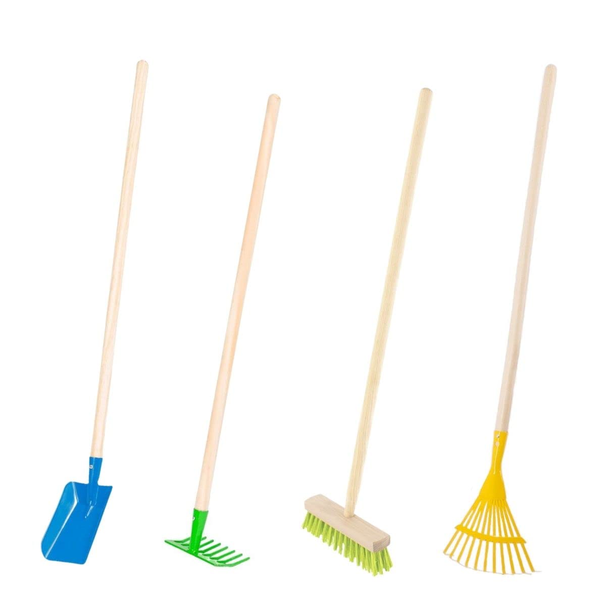 Rekord – Gartengeräte-Set für Kinder – 4-teilig, stabil aus Metall mit Holz-Stiel – Schaufel, Harke, Rechen & Kinderbesen – Gartenspielzeug für kleine Gärtner – Garten-Set & Gartenwerkzeug
