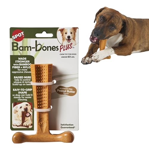 SPOT Bam-Bones Plus T Bone - Bamboo Fiber & Nylon Durable Long Lasting Dog Chew for Aggressive Chewers Toy for Dogs & Puppies Under 60lbs Non-Splintering 6in Allergen Free Peanut Butter Flavor