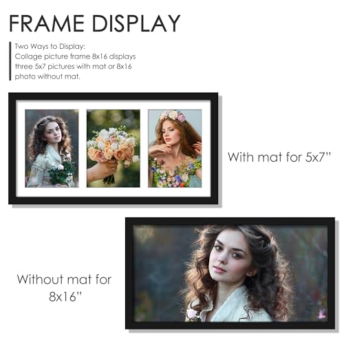 Image of DUENPY 8x16 Collage Picture Frame, 5x7 Collage Picture Frame Displays Three 5x7 inch Photos, or 8x16 (Without Mat) for Available Horizontal Wall Mounting Display and Vertical, Black.