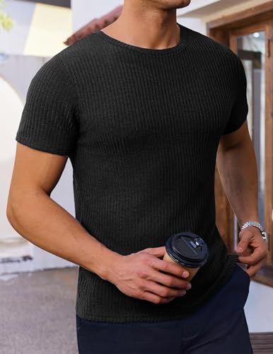 Ekouaer Men's Knit T-Shirts Short Sleeve Casual Ribbed Shirts Lightweight Crewneck Tees Stretchy Undershirts S-XXL2