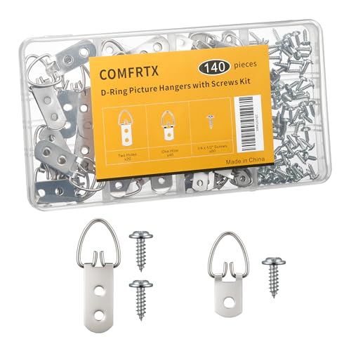 COMFRTX (2 Sizes, 140PCS) D-Ring Picture Hangers with Screws Kit – 40 Single Hole & 20 Double Hole Hangers with 80 Screws | Heavy Duty Wall Hooks for Frames Mirrors Canvas and Picture Hanging Hardware
