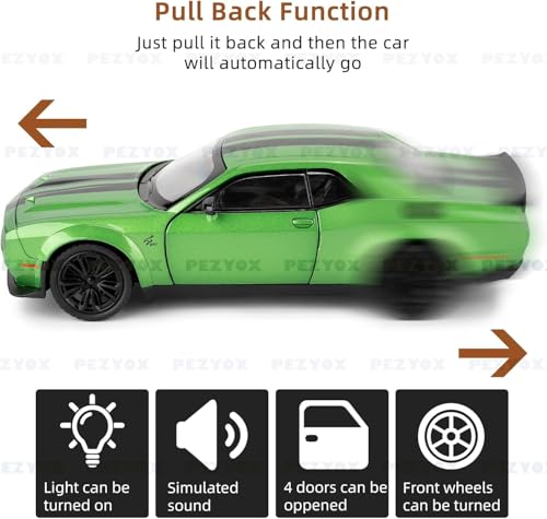 Image of 1:22 Dodge Challenger SRT Hellcat Die Cast Toy Car with Sound Light Pull Back Action Model Vehicle for Kids & Collectors Realistic Design Great Gift for Car Enthusiasts (Green)