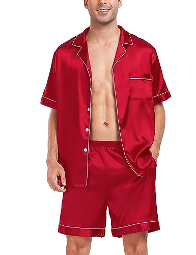 Image of SWOMOG Men Satin Silk Pajamas Sets Short Sleeve Sleepwear Button-Down PJs Sets Two-Pieces Loungewear with Pockets
