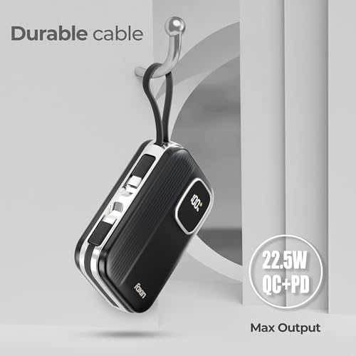 Image of Foxin ChargeX 20 Pocket Power Bank 20000mAh 22.5W Super Fast Charging | Type C & 8 Pin Dual Output Ports| Type C & USB Input & Output |Supports Android, Apple, Tablets | Built-in-Cable | Black