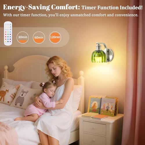 Image of Rechargeable Battery Operated Wall Sconce Set of Two with Green Glass Lampshade, Wireless Wall Scone Decor with Remote Control, 15 Colors Brushed Nickle Wall Light for Bedside Hallway Bedroom Doorway