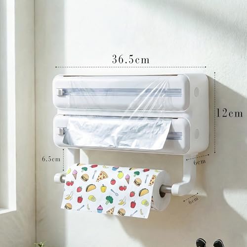 Image of CLAPONE Wrap Organizer with Cutter Plastic Wrap Dispenser 3 in 1 Compatible with Cling Film Paper Towel Holder /Tin Foil and Roti Paper Cutter /Aluminum Foil /Butter /Roti Wrap /Food Roll-White