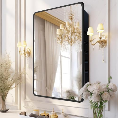 Image of 16x24 Medicine Cabinet with Mirror, Black Metal, Recessed or Surface Mount