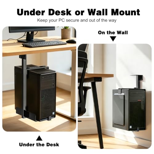 Soporte para PC bajo escritorio, capacidad hasta 77 lb, montaje en pared, altura ajustable 3.9–18.5", ancho ajustable 5.1–8.5", soporte para torre de computadora miniatura 2
