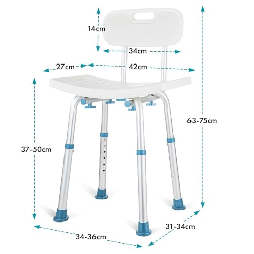 Floordirekt Sgabello Da Doccia Con Schienale Rimovibile, Sedia Da Doccia Per Anziani, Regolabile In Altezza 37-50 Cm, Portata Fino A 150 Kg, Antiscivolo E Stabile, Sedia Da Doccia, Sedia Da Bagno - 3