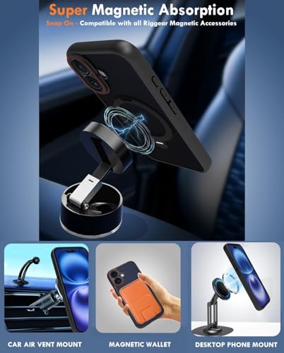 Image of RIGGEAR Shockproof Tough Hybrid Armor 360 Rotating Magnetic Ring Stand Back Cover Case Compatible with MagSafe Accessories for iPhone 16 (Smoke Black Matte PC and Black TPU Bumper)