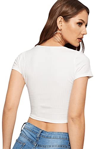 Image of Women's Round Neck Short Sleeve Ribbd Knit Slim Fit Crop Top T Shirt