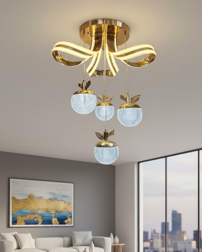Image of swanart Applora Modern LED Apple Hanging Ceiling Light, Decorative Gold Chandelier, Designer Ceiling Light, Pendant Light for Living Room, Bedroom & Dining Room
