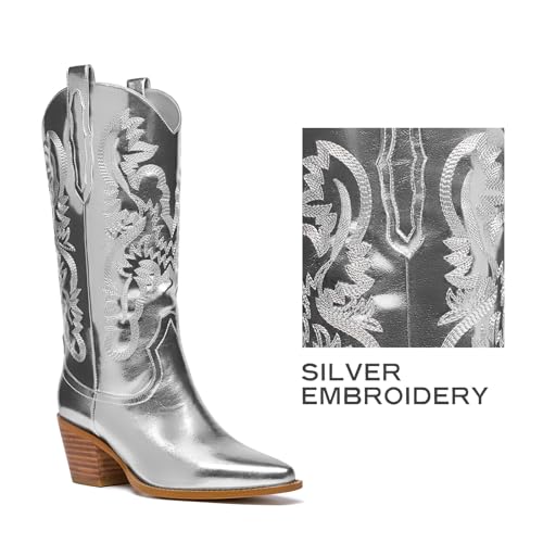 Image of GOSERCE Cowboy Boots for Women - Metallic Mid Calf Cowgirl Boots with Embroidery Sparkly Western Wide Calf Short Boots Fashion Pull on Pointy Toe Chunky Stacked Heel 2.5 inch