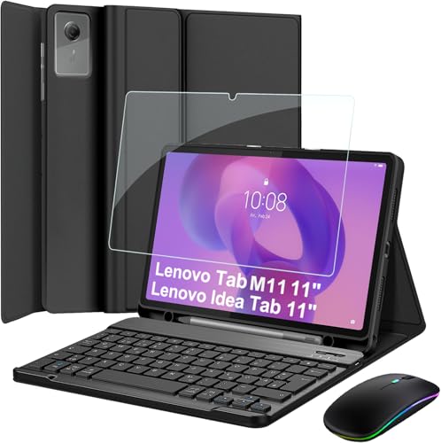 Wineecy Tastatur Hülle mit Schutzfolie für Lenovo Idea Tab 11 Zoll 2025 / M11 11 Zoll 2024 LED Bluetooth 2.4G Maus Slim Schutzhülle mit Magnetisch Abnehmbare Kabellose Deutsches QWERTZ Tastatur