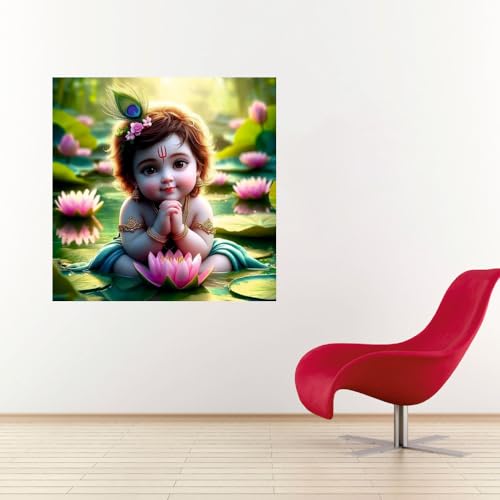 Image of Baby Krishna With Pink Flower God Wall Poster for Pooja Room, Office, Kids Room (Size- 46CM X 46CM)