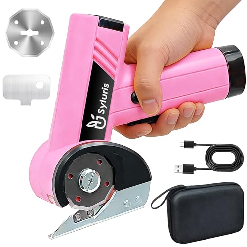 Syluris 4.2V Cordless Electric Scissors with LED Display, Rechargeable Cardboard Cutter, LED Light, 2 Blades, Electric Box Cutter for Fabric, Leather, Carpet, Crafting (Pink) by Syluris - Used condition - US$14.67