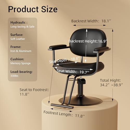Baasha Comfortable All Black Salon Chair with Adjustable Height and Swivel Function, Ergonomic Stylist Chair with Padded Armrests, Elegant Hair Chairs with Soft Leather Upholstery — view 3