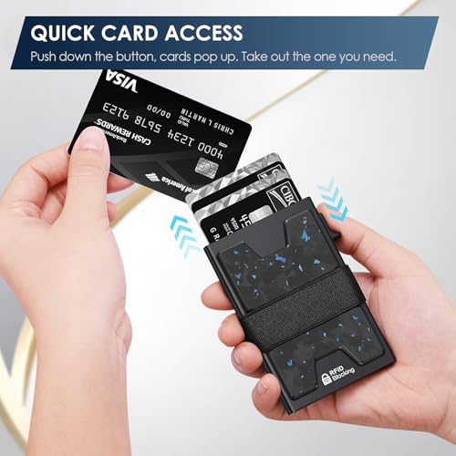 Image of AUTLEY Slim Card Holder, Minimalist Pop Up Wallet for Men, RFID Blocking Mens Wallet with Cash Band (Blue Spot Carbon Fiber)