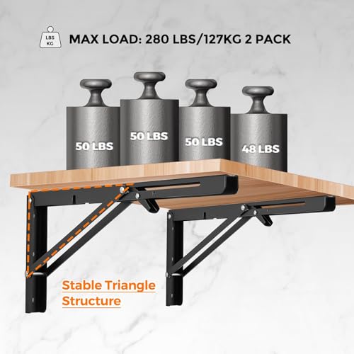 Image of Ravinte 4 Pack 16 Inch Folding Shelf Brackets - Matte Black, Heavy Duty Collapsible Brackets for Tables and Benches - Space-Saving Design