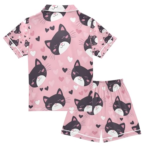 senya Cat Love Pink Background Satin Summer Pajama Sets Silk Short Sleeve Button Down Sleepwear2