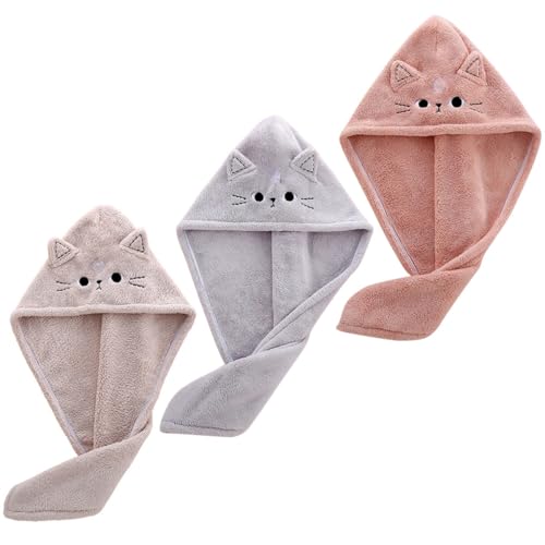 Ipetboom Juego de 3 Toallas para Secar el Cabello de Coral Suave y Absorbente, Secado Rápido, Toallas Gruesas para Salón y Uso Diario, Turbante de Baño en Colores Café, Rosa y Gris