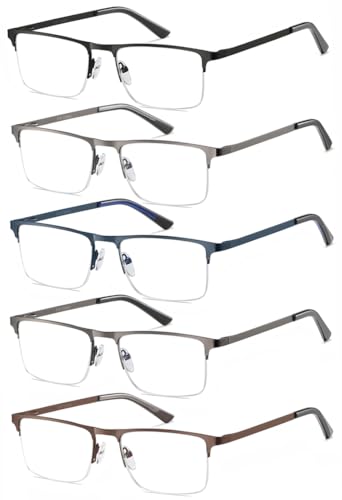 EYECEDAR 5 Pack Quality Reading Glasses Men Metal Half Frame Spring Hinges Blue Light Blocking Computer Eyeglasses Readers for Men 1.75
