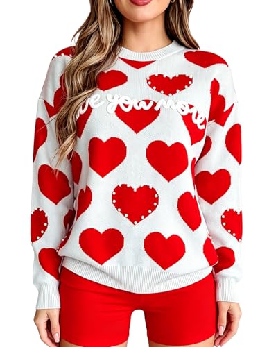 Image of Women's Cute Heart Sweater Love Print Valentine Romantic Knitted Top Casual Crewneck Long Sleeve Sweaters Pullover