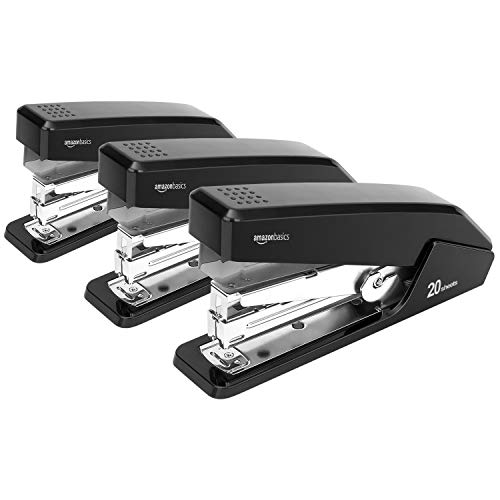 AmazonBasics Reduced Effort Desktop Stapler, Full-Strip, 20 Sheet Capacity - Black, 3 pack