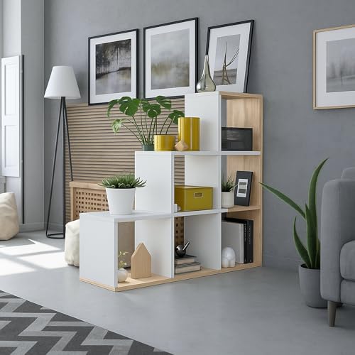 STRUTTURA E UTILIZZO - Mobile porta libri multiuso strutturato a scaletta, con sei scomparti aperti a cubo - Grazie alla sua struttura dotata di ripiani fissi non regolabili in altezza e mensole, è possibile posizionare sugli scaffali libri, documenti o oggetti decorativi a seconda delle esigenze - Questa biblioteca salvaspazio è moderna e perfetta da posizionare in ambienti con esigenze di spazio, utilizzabile anche come parete divisoria - Articolo d'arredamento perfetto per arredare salotto, camera, stanza dei bambini, ufficio o studio casalingo